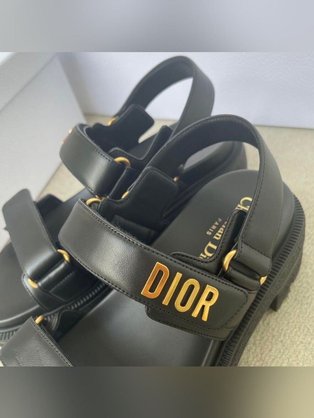 Dior Black Leather Platform Sandals with Gold Logo - Picture 2 of 8